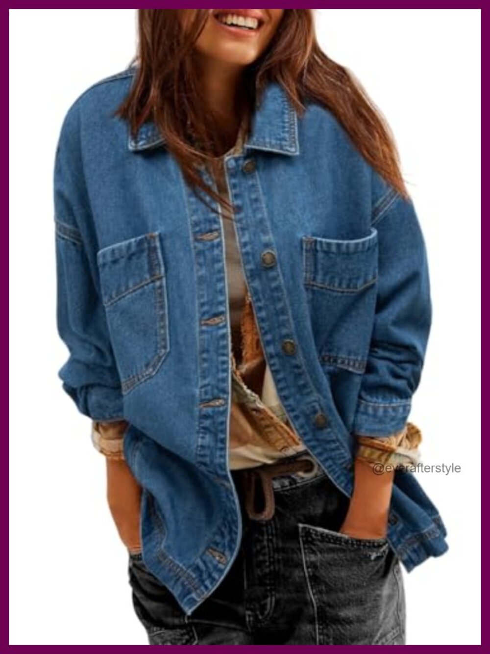 Oversized Boyfriend Denim Jacket Long Sleeve Button Down Tunic